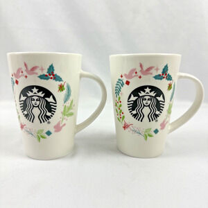 Starbucks Holiday Coffee Mug Pair of 2 Pink Doves Mistletoe Holly Wreath 12 oz